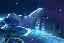 Rule 34 | 1girl, aqua eyes, aqua hair, bare legs, barefoot, dutch angle, flower, hair spread out, hands on own stomach, hatsune miku, holding, holding flower, light particles, light smile, long hair, lying, night, on back, petals, plipa, reflection, skyline, solo, very long hair, vocaloid