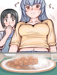 Rule 34 | 00s, 2girls, black hair, breasts, casual, curry, food, kashiwaba tomoe, large breasts, midriff, mole, mole under eye, multiple girls, aged up, rozen maiden, short hair, silver hair, sleeves rolled up, suigintou, sweat, tsuda nanafushi