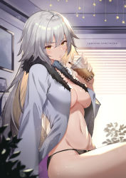 Rule 34 | 1girl, backlighting, black panties, blonde hair, blush, breasts, brown eyes, bubble tea, cleavage, cup, disposable cup, drawing (object), drinking, drinking straw, fate/grand order, fate (series), from side, grey shirt, highres, holding, holding cup, indoors, jeanne d&#039;arc (fate), jeanne d&#039;arc alter (avenger) (fate), jeanne d&#039;arc alter (fate), large breasts, long hair, long sleeves, looking at viewer, looking to the side, multicolored hair, navel, no bra, open clothes, open shirt, panties, patreon username, raijuu (bakanara), shirt, silver hair, sitting, solo, star (symbol), stomach, sweat, thighs, two-tone hair, underwear, very long hair, watermark, web address, window