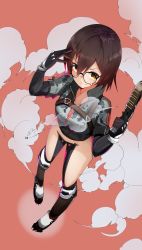 Rule 34 | 1girl, black gloves, brown hair, camouflage, camouflage jacket, elbow gloves, from above, glasses, gloves, gradient hair, gun, hair between eyes, handgun, highres, holding, holding gun, holding weapon, hololive, jacket, kitanxjk, looking at viewer, looking up, mechanical legs, multicolored hair, no panties, no pants, orange eyes, pistol, red background, roboco-san, roboco-san (1st costume), short sleeves, simple background, smile, smoke, solo, teardrop-framed glasses, virtual youtuber, weapon