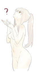 Rule 34 | 1girl, ?, breasts, completely nude, cream, cum, cupping hands, long hair, nipples, nora higuma, nude, original, own hands together, ponytail, simple background, solo, white background, white hair, yellow eyes