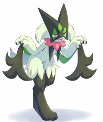Rule 34 | 1other, animal feet, animal hands, animal nose, black fur, body fur, chromatic aberration, claws, creatures (company), curtsey, fang, fangs, feet, full body, furry, game freak, green fur, green hair, half-closed eyes, hands up, happy, highres, leaning forward, legs, looking at viewer, meowscarada, nintendo, open mouth, other focus, pokemon, pokemon (creature), red eyes, short hair, simple background, skin fang, smile, solo, standing, sukasshu (mroooo), two-tone fur, white background