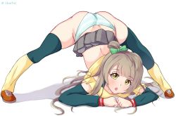 Rule 34 | 1girl, absurdres, ass, female focus, full body, green ribbon, hair ribbon, highres, jack-o&#039; challenge, linatai, long hair, looking at viewer, love live!, love live! school idol project, minami kotori, open mouth, panties, ribbon, simple background, skirt, solo, striped clothes, striped panties, top-down bottom-up, underwear, white background