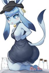 Rule 34 | 1girl, absurdres, ass, blue eyes, blush, breasts, creatures (company), from behind, furry, game freak, gen 4 pokemon, glaceon, hat, healingpit, highres, lactation, looking back, nintendo, pokemon, pokemon (creature), solo