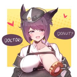 Rule 34 | 1girl, :d, arknights, beret, blush, breasts, covered erect nipples, ditienan ddn, doughnut, dur-nar (arknights), english text, food, gloves, hair ornament, hat, heart, large breasts, looking at viewer, nipples, one breast out, open mouth, purple eyes, purple hair, short hair, smile, solo