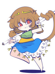Rule 34 | 1girl, barefoot, blue dress, brown hair, chahan (fried rice0614), circlet, detached sleeves, dress, full body, green dress, highres, long hair, low twintails, monkey tail, red eyes, ruyi jingu bang, simple background, single detached sleeve, solo, son biten, tail, touhou, twintails, white background, white sleeves, yellow dress