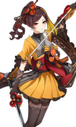 Rule 34 | 1girl, absurdres, black pantyhose, brown hair, chiori (genshin impact), commentary request, dual wielding, feet out of frame, genshin impact, grey kimono, hair ornament, hair stick, haori, highres, holding, holding sword, holding weapon, japanese clothes, katana, kimono, looking at viewer, medium hair, miniskirt, obi, pantyhose, ponytail, red eyes, red sash, sash, short sleeves, simple background, skirt, solo, standing, sword, weapon, white background, yellow skirt, zack (z kuu0720)