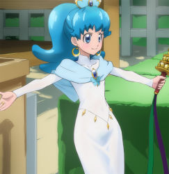 Rule 34 | 10s, 1girl, alternate costume, bell, blue eyes, blue hair, dress, earrings, happinesscharge precure!, haruyama kazunori, jewelry, jingle bell, matching hair/eyes, outstretched arms, ponytail, precure, shirayuki hime, smile, solo, white dress