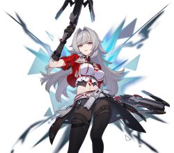 Rule 34 | 1girl, belt, bow (weapon), brown eyes, crossbow, gloves, grey gloves, grey hair, helia (honkai impact), honkai (series), honkai impact 3rd, jacket, midriff, official art, open clothes, open jacket, open mouth, pantyhose, red gloves, red jacket, short shorts, shorts, standing, transparent background, weapon
