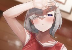 Rule 34 | 1girl, arm over head, arm up, armpits, blurry, blurry background, blush, covering own eyes, frikulu, from below, grey hair, hair over one eye, indoors, jersey, looking to the side, one eye closed, original, parted lips, purple eyes, sleeveless, sportswear, steam, sweat, sweaty clothes