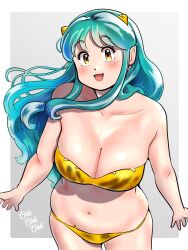 Rule 34 | 1girl, animal print, bikini, breasts, cleavage, commentary request, green hair, highres, horns, kenken28937178, large breasts, looking at viewer, lum, navel, oni, open mouth, smile, solo, swimsuit, tiger print, urusei yatsura, yellow eyes