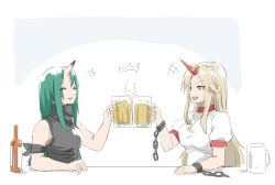 Rule 34 | +++, 2girls, :d, ^^^, ^ ^, alcohol, arknights, bare shoulders, beer, beer mug, bottle, breasts, chain, closed eyes, crossover, cup, green hair, grey background, grey shirt, holding, holding cup, horns, hoshiguma (arknights), hoshiguma yuugi, light brown hair, long hair, medium breasts, mug, multiple girls, name connection, nejikyuu, open mouth, puffy short sleeves, puffy sleeves, purple eyes, shirt, short sleeves, single horn, sleeveless, sleeveless shirt, smile, toasting (gesture), touhou, turtleneck, two-tone background, upper body, very long hair, white background, white shirt