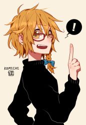 Rule 34 | !, 1girl, alternate costume, artist name, bad id, bad pixiv id, bow, braid, contemporary, fang, glasses, hair bow, hosomitimiti, index finger raised, kirisame marisa, looking at viewer, looking back, matching hair/eyes, messy hair, open mouth, orange eyes, orange hair, short hair, side braid, signature, solo, spoken exclamation mark, sweater, touhou, upper body
