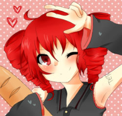 Rule 34 | 1girl, bad id, bad pixiv id, bread, detached sleeves, drill hair, food, kasane teto, one eye closed, red eyes, red hair, solo, suina shie, twin drills, twintails, utau, v, vocaloid, wink
