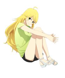Rule 34 | 1girl, ahoge, blonde hair, breasts, epitaph (1122), green eyes, highres, hoshii miki, idolmaster, idolmaster (classic), long hair, looking at viewer, sandals, shorts, simple background, smile, solo, very long hair, white background