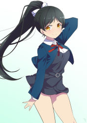 Rule 34 | 1girl, 20s, arm behind head, arm up, black dress, black hair, blue jacket, blush, bow, bowtie, bunji, dress, hair bow, hazuki ren, high ponytail, highres, jacket, long hair, long sleeves, looking at viewer, love live!, love live! superstar!!, parted bangs, pinafore dress, ponytail, red bow, red bowtie, school uniform, sleeveless dress, smile, solo, standing, thighs, white bow, yellow eyes