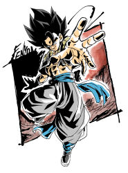 Rule 34 | 1boy, abs, black eyes, black hair, black vest, blue sash, dragon ball, dragon ball super, dragon ball super broly, fenyon, gogeta, highres, midriff, muscular, muscular male, outstretched arm, outstretched hand, pants, sash, solo, spiked hair, vest, white pants