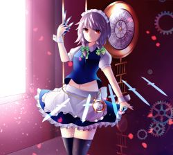 Rule 34 | &gt;:(, 1girl, apron, between fingers, black thighhighs, blue skirt, blue vest, bow, braid, breasts, clock, cowboy shot, frown, green bow, hair bow, holding, holding knife, izayoi sakuya, knife, knives between fingers, looking at viewer, maid, maid headdress, petticoat, pocket watch, puffy short sleeves, puffy sleeves, red eyes, sakizaki saki-p, serious, short sleeves, silver hair, skirt, skirt set, small breasts, solo, sunlight, thighhighs, touhou, twin braids, v-shaped eyebrows, vest, waist apron, watch, wing collar, wrist cuffs