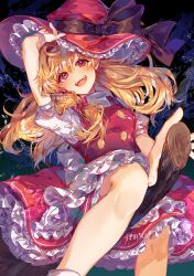 Rule 34 | 1girl, artist name, ayatsuki sugure, blonde hair, bow, commentary request, hair bow, hat, highres, jacket, kirisame marisa, long skirt, looking at viewer, night, night sky, palette swap, red bow, red hat, red jacket, red skirt, shirt, skirt, sky, smile, solo, touhou, white shirt, witch hat