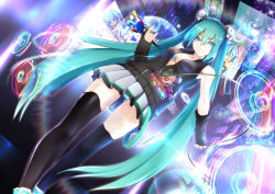 Rule 34 | 1girl, aqua eyes, aqua hair, big.g, black thighhighs, breasts, cable, cleavage, detached sleeves, dutch angle, from below, hair ornament, hatsune miku, head tilt, highres, holding, jacket, long hair, looking at viewer, microphone, panties, pantyshot, pleated skirt, skirt, skull hair ornament, small breasts, smile, solo, standing, striped clothes, striped panties, thighhighs, twintails, underwear, very long hair, vocaloid, zettai ryouiki