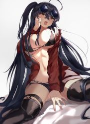 1girl absurdres apple_box_(umruruu) azur_lane bare_shoulders bikini black_bikini black_hair black_thighhighs blush breasts brown_eyes eyewear_on_head hair_between_eyes highres jacket large_breasts long_hair looking_at_viewer navel official_alternate_costume one_side_up race_queen red_jacket sitting solo swimsuit taihou_(azur_lane) taihou_(enraptured_companion)_(azur_lane) thighhighs