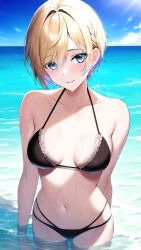 Rule 34 | 1girl, absurdres, bare shoulders, bikini, black bikini, blonde hair, blue eyes, breasts, breasts apart, closed mouth, collarbone, commentary request, day, frilled bikini, frills, highres, leone (kamina0205), looking at viewer, medium breasts, multicolored hair, navel, ocean, original, outdoors, purple hair, revision, short hair, smile, solo, stomach, swimsuit, twitter username, two-tone hair, wading, water