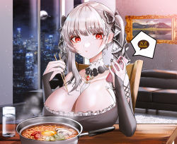 Rule 34 | 1girl, azur lane, black nails, black ribbon, breasts, bridal gauntlets, brooch, building, cellphone, chewing, chopsticks, cityscape, commentary request, detached sleeves, eating, food, formidable (azur lane), ga yeah, glass, grey hair, hair ribbon, huge breasts, indoors, jewelry, korean commentary, looking at phone, moon, nail polish, night, night sky, noodles, painting (object), phone, ramen, red eyes, ribbon, sitting, sky, skyscraper, smartphone, solo, speech bubble, twintails