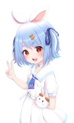 Rule 34 | 1girl, :d, absurdres, aged down, alternate costume, animal ears, atg (wttoo0202), blue hair, blue ribbon, blush, carrot, carrot hair ornament, choker, collarbone, commentary request, dress, food, food-themed hair ornament, fruit, hair ornament, hair ribbon, hairclip, highres, hololive, looking at viewer, medium hair, multicolored hair, neckerchief, open mouth, pekomon (usada pekora), puffy sleeves, rabbit ears, rabbit girl, red eyes, ribbon, sailor collar, short eyebrows, short hair, short sleeves, simple background, smile, solo, streaked hair, teeth, thick eyebrows, twintails, two-tone hair, upper teeth only, usada pekora, usada pekora (casual), v, virtual youtuber, white background, white dress, white hair, white sailor collar