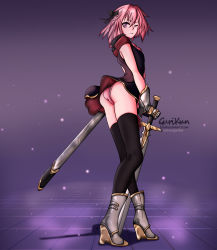 Rule 34 | 1boy, absurdres, armor, ass, astolfo (fate), black dress, black thighhighs, boots, bow, braid, dress, fang, fate/apocrypha, fate/grand order, fate (series), from below, gurikun, hair bow, highres, long hair, looking at viewer, looking down, male focus, one eye closed, panties, pink hair, pink panties, short dress, single braid, smile, solo, sword, thighhighs, trap, underwear, upskirt, very long hair, watermark, weapon, web address, wink