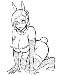 1girl akiyama_kaede animal_ears blush bottomless breasts cleavage collar fishnets glasses kengan_(series) kengan_ashura kneeling large_breasts no_panties ponytail solo tagme thighhighs