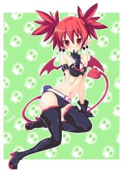 Rule 34 | 1girl, bat wings, demon girl, demon tail, demon wings, disgaea, disgaea d2, earrings, etna (disgaea), finger to mouth, flat chest, highres, index finger raised, iwashi dorobou -r-, jewelry, looking at viewer, mini wings, navel, pointy ears, red eyes, red hair, skull, skull earrings, solo, tail, wings