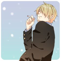 Rule 34 | 1boy, blonde hair, cigarette, curry gohan, formal, hair over one eye, lowres, male focus, one piece, sanji (one piece), smoking, solo, suit