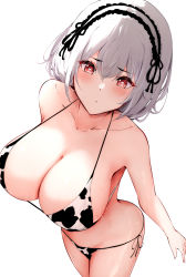 Rule 34 | 1girl, :o, animal print, azur lane, bikini, blush, breasts, cleavage, collarbone, cow print, from above, hair between eyes, hairband, heart, heart-shaped pupils, highres, itete, large breasts, looking at viewer, micro bikini, parted lips, red eyes, short hair, side-tie bikini bottom, simple background, sirius (azur lane), solo, swimsuit, symbol-shaped pupils, white background, white hair
