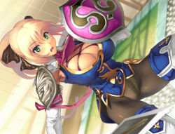Rule 34 | 1girl, blonde hair, boots, breasts, cassandra alexandra, cleavage, crotch seam, elbow gloves, gloves, green eyes, hair ribbon, large breasts, necktie, open mouth, panties, panties under pantyhose, pantyhose, pink necktie, ponytail, ribbon, shield, short hair, solo, soul calibur, soulcalibur, soulcalibur iv, thigh boots, thighhighs, underwear, yn red