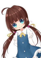 Rule 34 | 10s, 1girl, ahoge, arm behind back, artist name, bad id, bad pixiv id, blue dress, blue eyes, blush, brown hair, closed mouth, collared dress, commentary request, dress, dutch angle, hair ribbon, heart, hinatsuru ai, layered sleeves, long hair, long sleeves, looking at viewer, low twintails, puffy short sleeves, puffy sleeves, reo (re2kn), ribbon, ryuuou no oshigoto!, school uniform, short over long sleeves, short sleeves, simple background, smile, solo, twintails, very long hair, white background, yellow ribbon