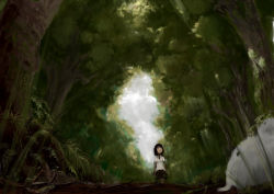 Rule 34 | 1girl, animal, bad id, bad pixiv id, black hair, cloud, cloudy, cloudy sky, domo1220, female focus, forest, looking up, nature, open mouth, original, outdoors, plant, scenery, shirt, short hair, skirt, sky, solo, trail, tree, walking, white shirt, yamaaaa