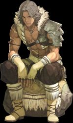 Rule 34 | 1boy, abs, atlas (fire emblem), boots, brown eyes, fingerless gloves, fire emblem, fire emblem echoes: shadows of valentia, full body, fur trim, gloves, grey hair, hidari (left side), highres, jewelry, male focus, navel, necklace, nintendo, official art, rock, scan, scar, topless male, sitting, solo, transparent background