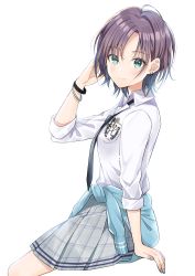 Rule 34 | 1girl, arm support, asakura toru, bangle, black necktie, blue cardigan, blue eyes, blush, bracelet, breast pocket, cardigan, cardigan around waist, closed mouth, clothes around waist, collared shirt, commentary request, earrings, grey nails, grey skirt, hair between eyes, hand up, highres, idolmaster, idolmaster shiny colors, jewelry, long sleeves, myusha, nail polish, necktie, parted bangs, pencil, plaid, plaid skirt, pleated skirt, pocket, shirt, simple background, sitting, skirt, smile, solo, white background, white shirt