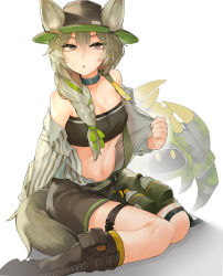 Rule 34 | 1girl, animal ears, arknights, bandeau, bare shoulders, beanstalk (arknights), beanstalk (elite ii) (arknights), black choker, black footwear, black hat, boots, braid, breasts, choker, commentary request, ears through headwear, fedora, grey eyes, grey hair, grey shirt, hair between eyes, hat, highres, infection monitor (arknights), long hair, looking at viewer, metal crab (arknights), midriff, navel, ninjunker, off shoulder, parted lips, shirt, simple background, single braid, sitting, small breasts, solo, stomach, strapless, tail, tube top, wariza, white background