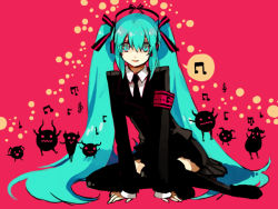 Rule 34 | 1girl, armband, formal, green eyes, green hair, hatsune miku, long hair, matching hair/eyes, necktie, saihate (vocaloid), sitting, skirt, skirt suit, solo, starshadowmagician, suit, thighhighs, twintails, very long hair, vocaloid