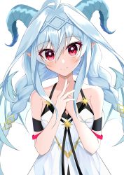 Rule 34 | 1girl, absurdres, ahoge, bare shoulders, blue nails, braid, closed mouth, collarbone, commentary request, copyright request, dress, grey hair, hair between eyes, hair intakes, hand up, highres, horns, long hair, looking at viewer, meuneyu, nail polish, pointy ears, red eyes, simple background, sleeveless, sleeveless dress, smile, solo, twin braids, upper body, very long hair, virtual youtuber, white background, white dress