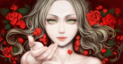 Rule 34 | 1girl, blood, collarbone, eyelashes, flower, foreshortening, green eyes, highres, lips, lipstick, looking at viewer, makeup, no bra, nude, original, outstretched hand, portrait, red flower, red rose, rose, sifuri, solo, wallpaper