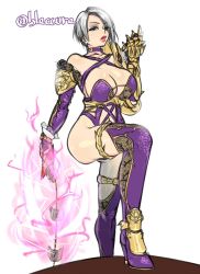 Rule 34 | blaccura, boots, breasts, high heels, highres, isabella valentine, large breasts, lipstick, makeup, purple lips, revealing clothes, short hair, silver hair, sketch, soul calibur, soulcalibur, soulcalibur vi, thigh boots, thighhighs, weapon, whip, whip sword