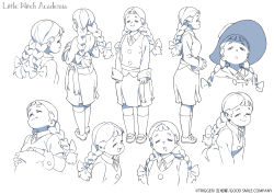 Rule 34 | 10s, 1girl, ^ ^, absurdres, bow, braid, character sheet, closed eyes, company name, copyright name, expressions, closed eyes, full body, hair bow, hat, highres, jasminka antonenko, little witch academia, little witch academia 2, loafers, long hair, multiple views, open mouth, plump, purple eyes, school uniform, shoes, skirt, socks, standing, sweater vest, thighhighs, traditional media, trigger (company), twin braids, witch, witch hat, yoshinari you, zettai ryouiki