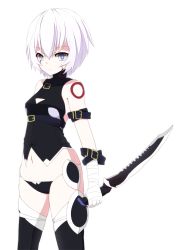 Rule 34 | 1girl, arm strap, asumu (memory.), bad id, bad pixiv id, bandages, bare shoulders, black panties, black thighhighs, boots, buckle, facial mark, fate/apocrypha, fate/stay night, fate (series), female focus, grey eyes, holding, holding sword, holding weapon, jack the ripper (fate/apocrypha), knife, looking at viewer, lowleg, lowleg panties, midriff, navel, panties, reverse grip, short hair, simple background, solo, standing, string panties, sword, thigh boots, thighhighs, type-moon, underwear, weapon, white background, white hair