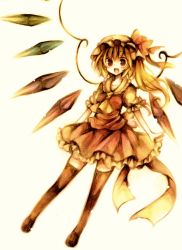 Rule 34 | 1girl, bad id, bad pixiv id, black thighhighs, blonde hair, collared shirt, female focus, flandre scarlet, full body, hair between eyes, hat, mob cap, namakuby, red eyes, shirt, side ponytail, solo, thighhighs, touhou, white background, wings