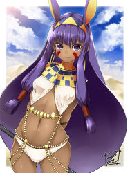 Rule 34 | 1girl, arms behind back, blunt bangs, blush, breasts, closed mouth, cloud, cloudy sky, commentary request, cowboy shot, dark-skinned female, dark skin, day, earrings, egyptian, egyptian clothes, facial mark, fate/grand order, fate (series), gluteal fold, hair between eyes, hair tubes, hairband, hoop earrings, jewelry, long hair, looking at viewer, medium breasts, navel, nitocris (fate), purple eyes, purple hair, sidelocks, signature, sky, solo, stomach, tirotata, very long hair