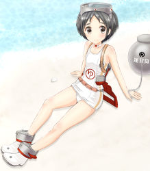 Rule 34 | 10s, 1girl, bad id, bad pixiv id, black eyes, black hair, boots, diving mask, goggles, kantai collection, maru-yu (kancolle), one-piece swimsuit, school swimsuit, short hair, swimsuit, telaform, translation request, white one-piece swimsuit, white school swimsuit
