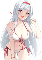 Rule 34 | 1girl, akahi242, bare arms, bare legs, bare shoulders, bikini, blush, breasts, cleavage, collarbone, cowboy shot, headband, heart, highres, kantai collection, large breasts, long hair, open mouth, red headband, shoukaku (kancolle), simple background, smile, solo, swimsuit, white background, white bikini, white hair, yellow eyes