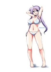 Rule 34 | 00s, 10s, 1girl, 2016, armpits, arms behind head, bad id, bad twitter id, bikini, blue eyes, breasts, dated, hiiragi kagami, large breasts, light purple hair, long hair, looking at viewer, lucky star, mizushima (p201112), side-tie bikini bottom, simple background, solo, standing, swimsuit, twintails, white background, white bikini